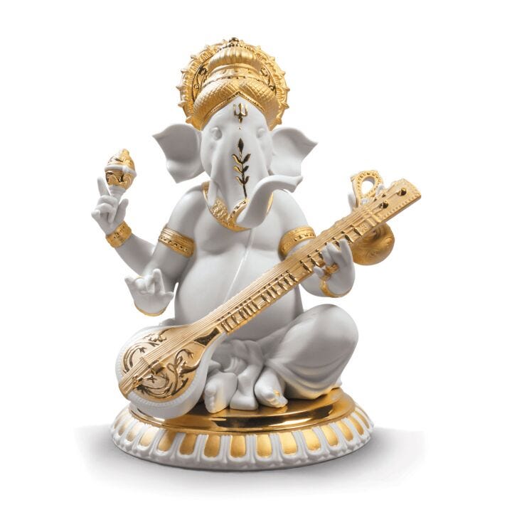 Veena Ganesha Figurine. Golden Lustre in Lladró