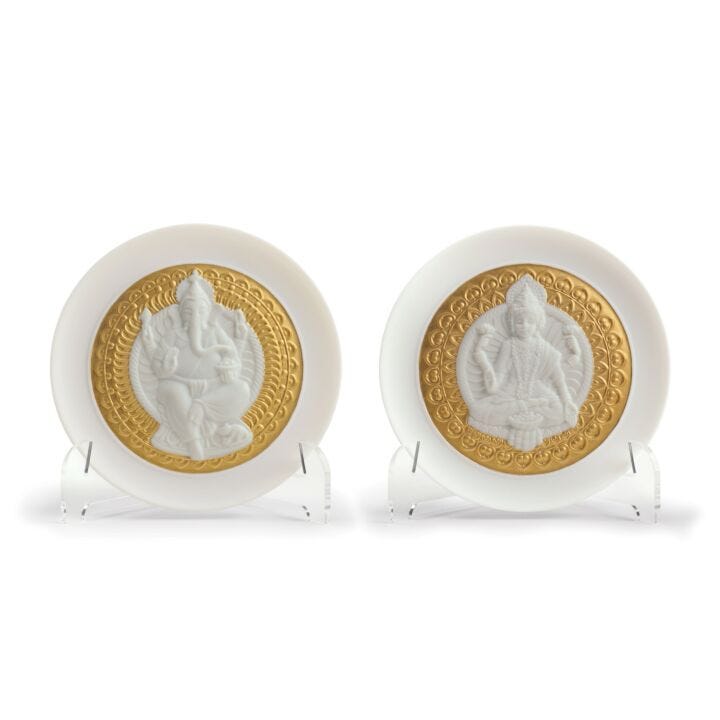 Goddes Lakshmi and Lord Ganesha Decorative Plates Set. Golden Lustre in Lladró