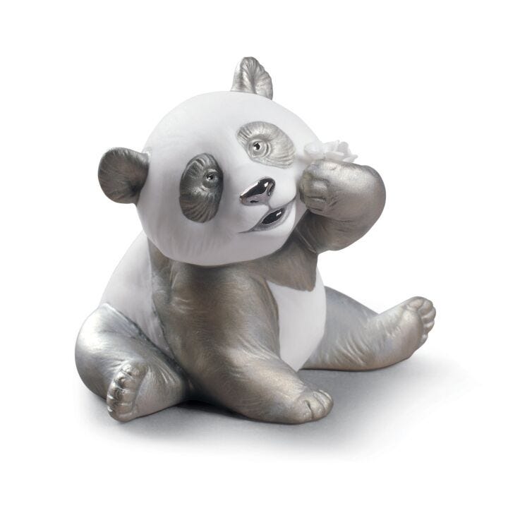A Happy Panda Figurine. Silver Lustre in Lladró