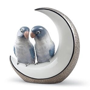 Fly Me to The Moon Birds Figurine. Silver Lustre