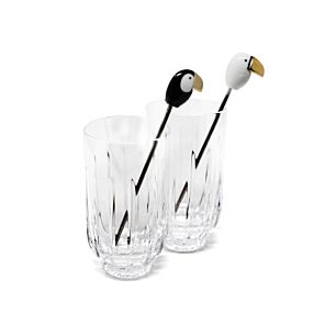 Toucan 2 tall Crystal Glasses + 2 Stirrers Set. Golden Luster