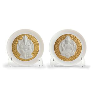 Goddess Lakshmi and Lord Ganesha Decorative Plates Set. Golden Lustre in Lladró