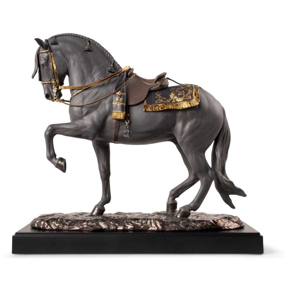 Black Spanish Horse, saddle and golden crown detail.
