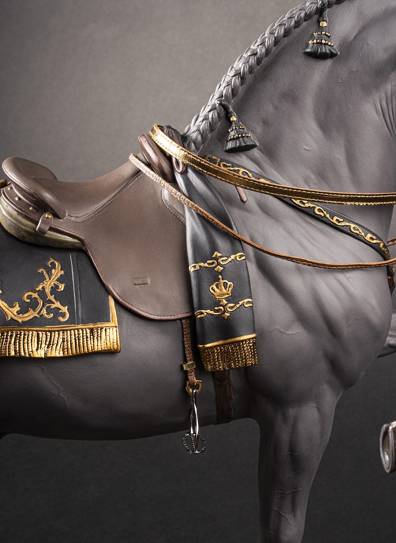 Black Spanish Horse, head and neck with reins.