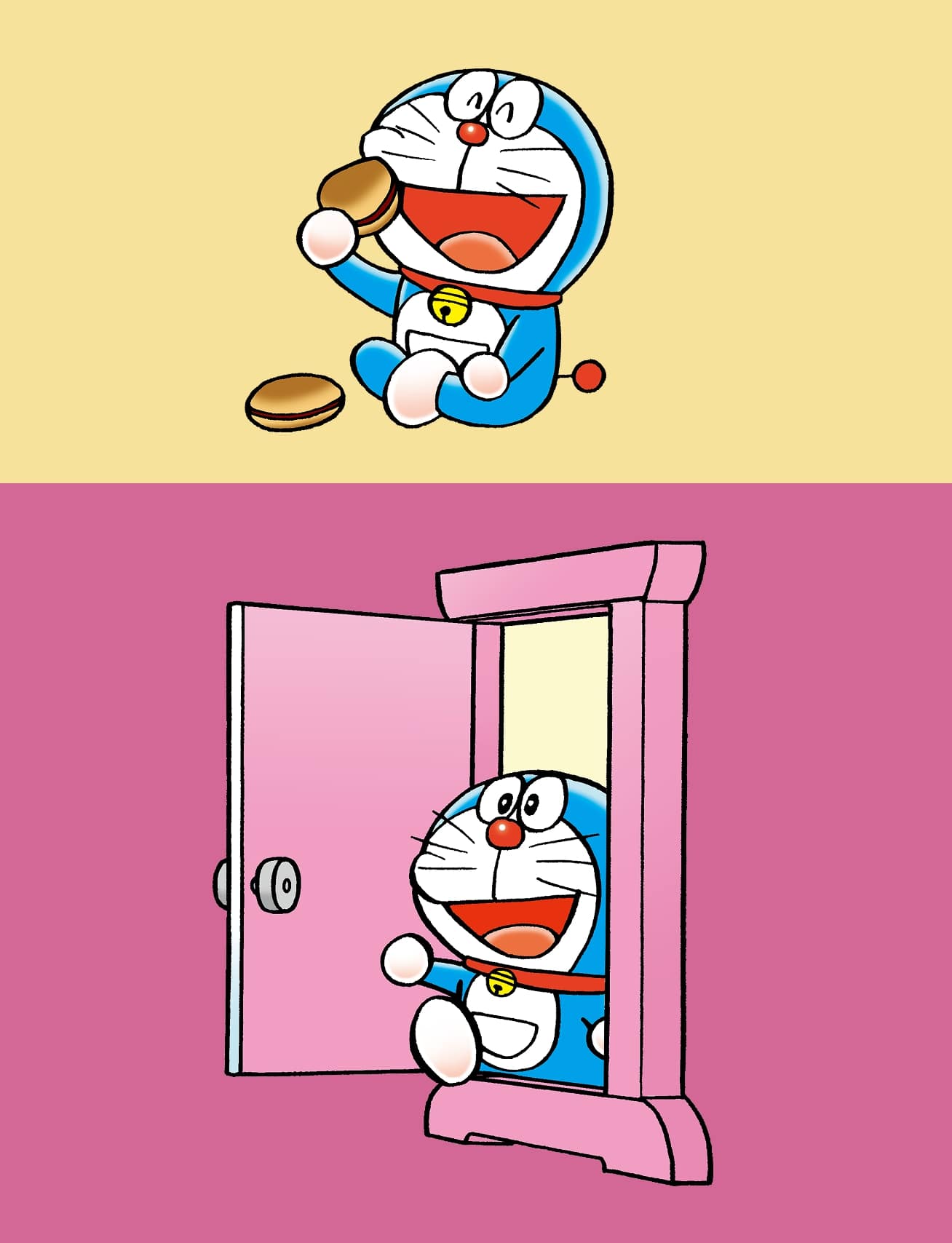 Due illustrazioni di Doraemon in scene iconiche: mentre mangia dorayaki e con la Porta Magica