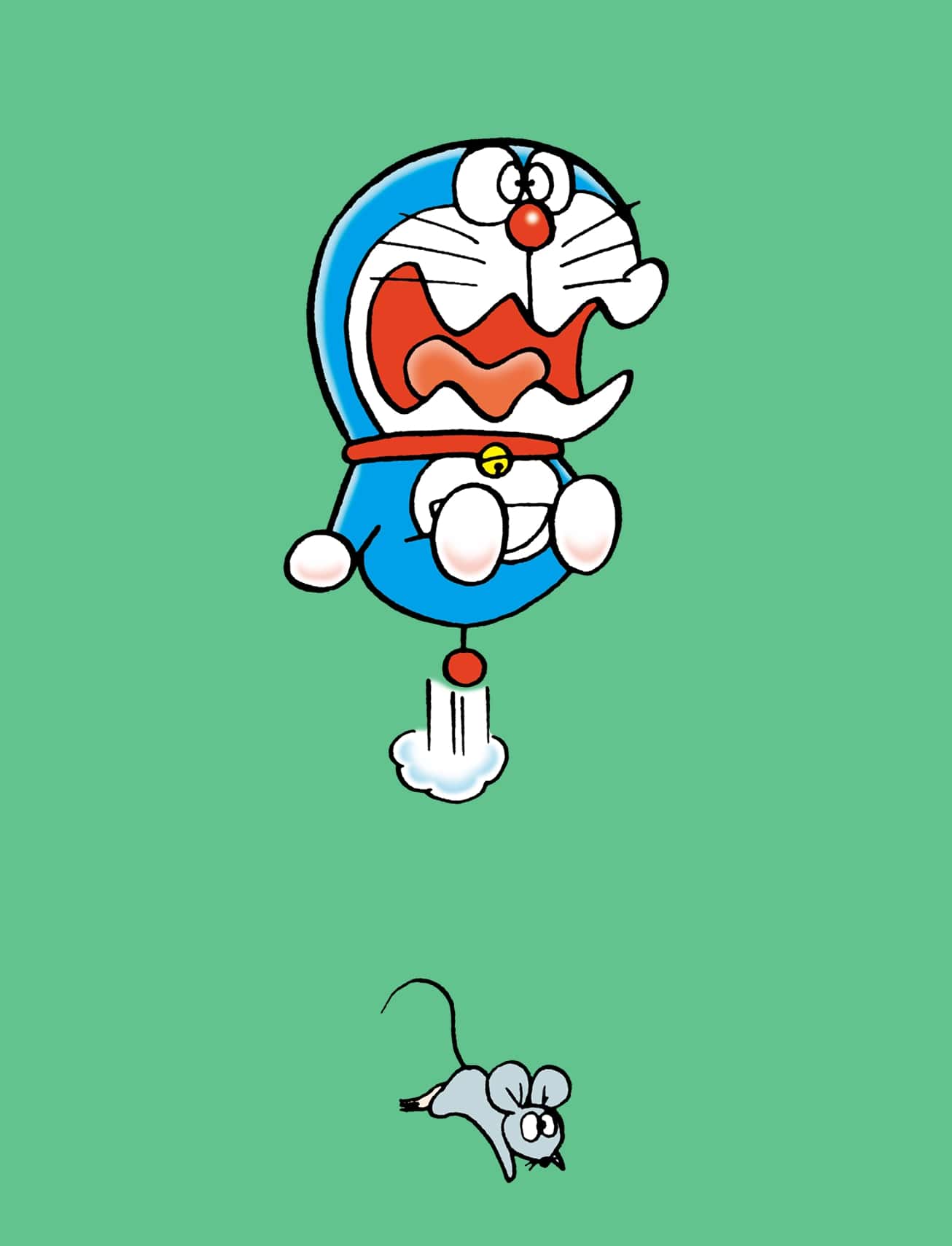 Illustrazione di Doraemon spaventato da un topo, mentre salta per lo shock