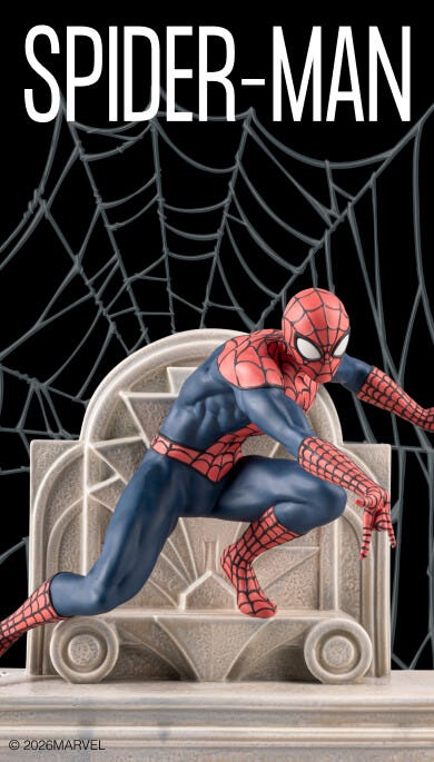 アール・デコ建築をイメージしたベースに立つリヤドロのスパイダーマン磁器作品